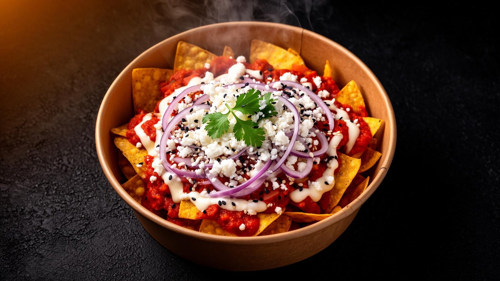 Bowl de chilaquiles rojos con crema, queso, cebolla morada y cilantro